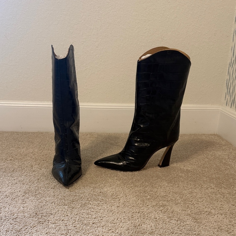 12th Tribe Black Croc-Embossed Heeled Boots